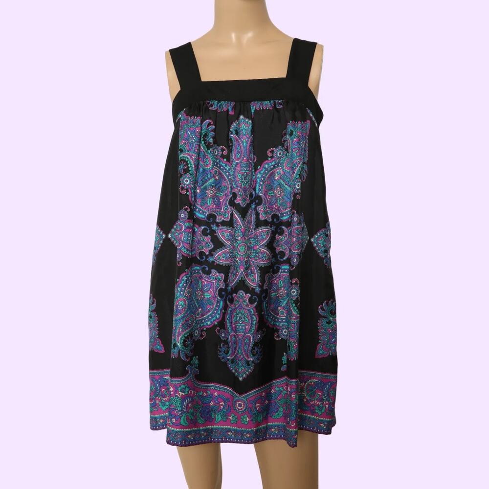 TIBI Black Blue Purple Paisley Silk Sleeveless Shift Mini Dress